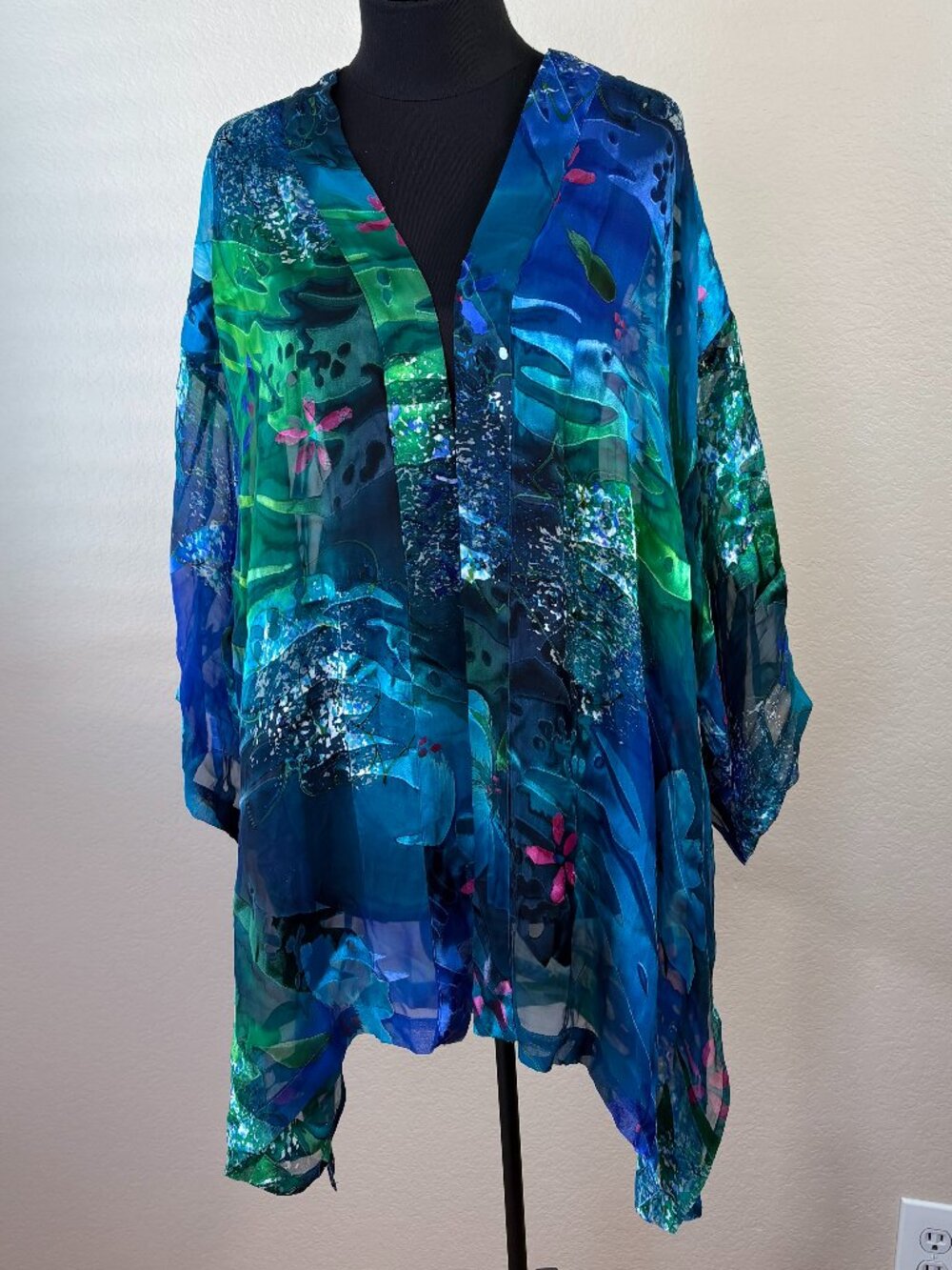Silk Blend Kimono Top Blue Green Sheer Resort Vacation Cover Up OS - Picture 2 of 6